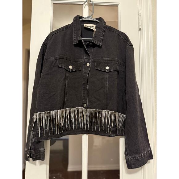 Savanna Jane rhinestone fringe crop front denim jacket black large western NWT - Picture 1 of 12